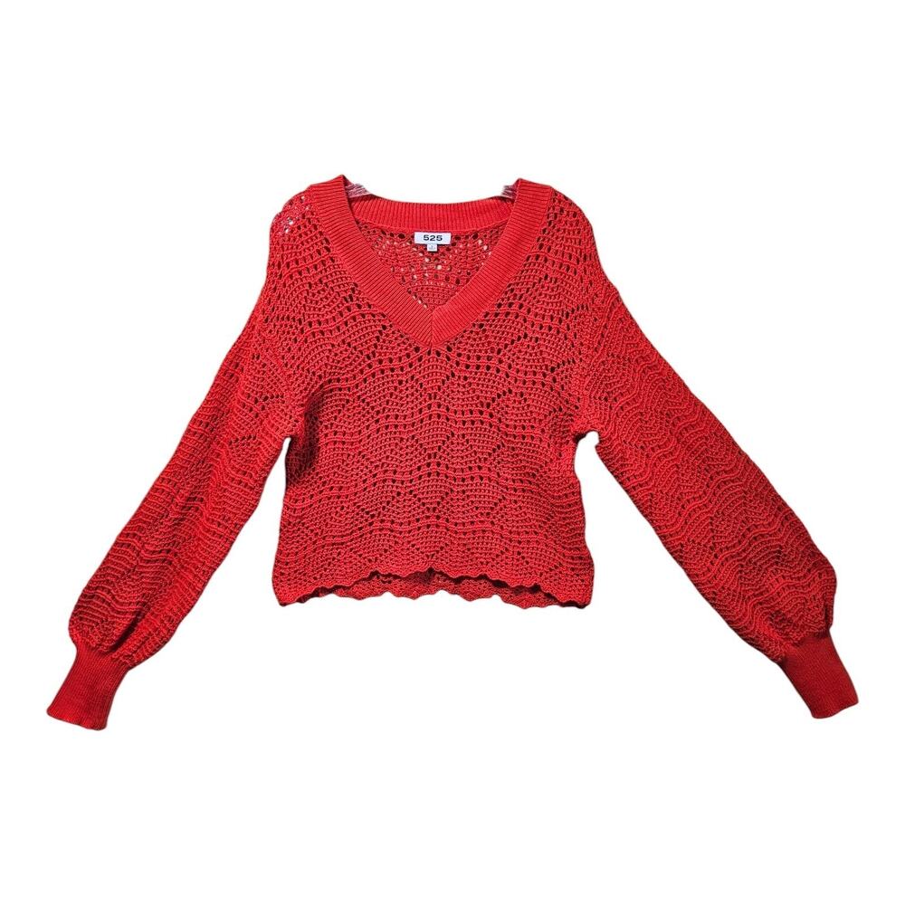 525 Women's Sweater M / L Chili Pepper Red Orange V-Neck Open Weave Cropped 36"